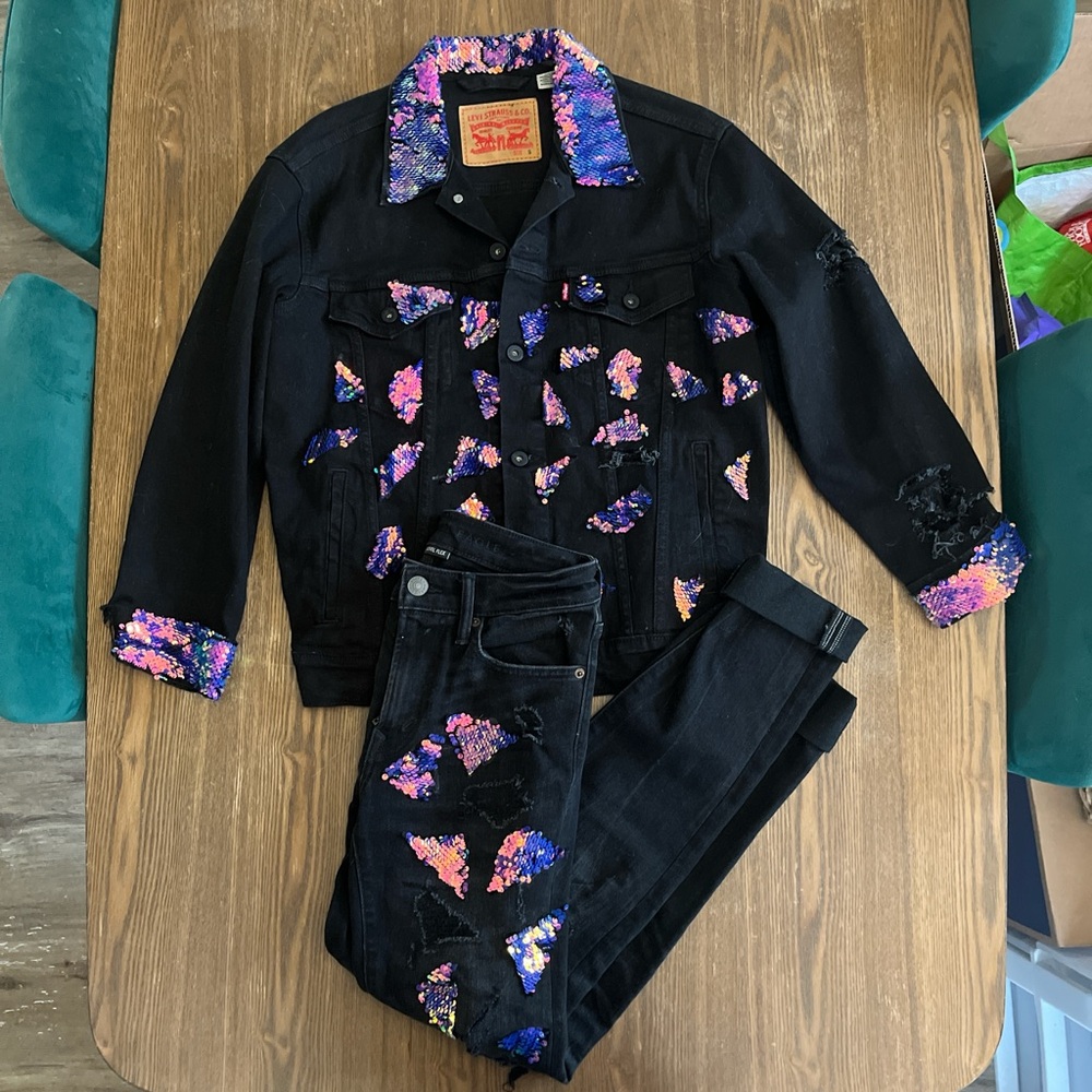 Black sequined denim jacket and jeans set